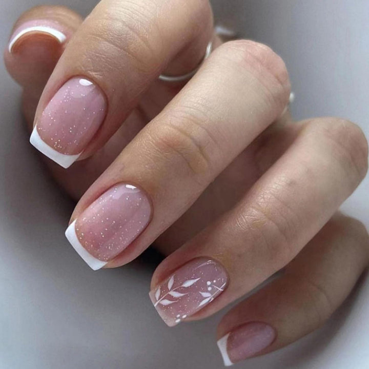 French Tip Press on Nails Short Square Fake Nails with Leopard Print French Bow Designs Nude Glue on Nails Press Ons Glossy False Nails Reusable Cute Stick on Nails for Women 24 Pcs