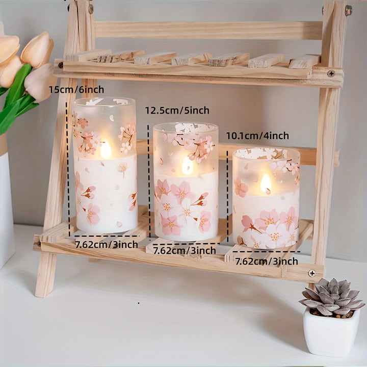 3 Pack, Plastic Flameless Flickering Candles, Pink Flower Pattern, Battery Operated, With Looping 24-hour Timer And 10-button Remote Control, Suitable For Indoor, Outdoor, Wedding Decoration - Total Trends Fusion