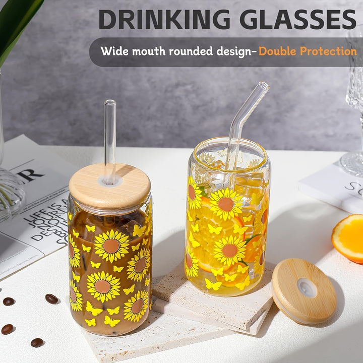 4PS Sunflower Printed Glass With Lid And Straw 16OZ Coffee Mugs, Drinking Mugs 4-Piece Set For Coffee, Milk Tea, Juice, Beer Mugs, Gift Mugs - Total Trends Fusion