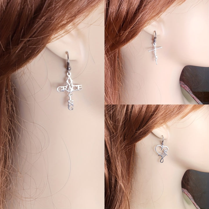 3 Pairs Stainless Steel Amazing Grace Shaped Hook Dangle Earrings, Unisex Jewelry for Daily Accessories and Chic Gifts - Total Trends Fusion