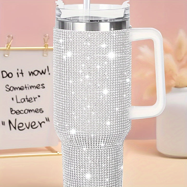 40oz Stainless Steel Glitter Tumbler - Rhinestone Decor, Flat Bottom Cup, Sparkly Gift for Women, Reusable, Hand Wash Only, Modern Design, Skinny Tumbler with Straw and Handle - Total Trends Fusion
