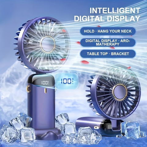 Portable Mini Handheld Fan - 5000mAh USB Rechargeable, Touch Control, 5-Speed Foldable Fan, LED Display, For Home, Office, Outdoor Hand Held/Desk/Neck Fan 3 In 1 Mini Fan With Base - Total Trends Fusion