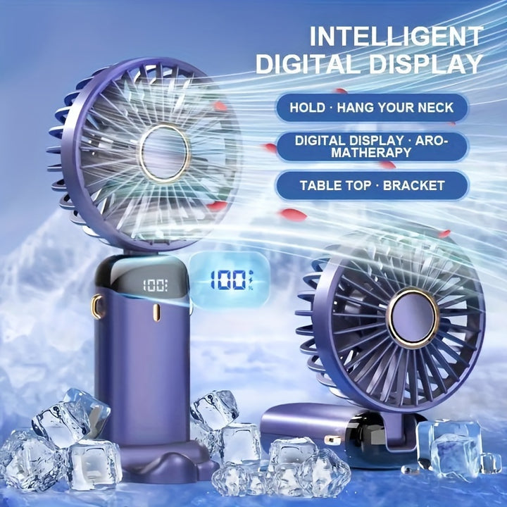 Portable Mini Handheld Fan - 5000mAh USB Rechargeable, Touch Control, 5-Speed Foldable Fan, LED Display, For Home, Office, Outdoor Hand Held/Desk/Neck Fan 3 In 1 Mini Fan With Base - Total Trends Fusion