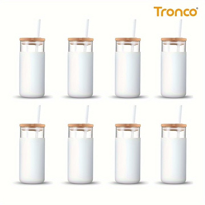 20 oz Glass Tumbler Glass Water Bottle Straw Silicone Protective Sleeve Bamboo Lid - BPA Free - Amber/ 8 Pack - Total Trends Fusion