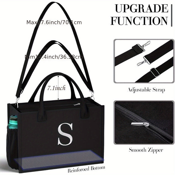 Initial Black Canvas Tote Bag & Makeup Bag with Zipper Adjustable Strap, Personalized Present Bag for Women Birthday - Total Trends Fusion