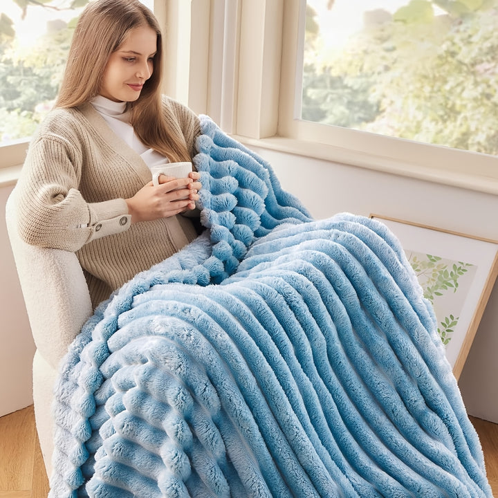 Plush Plush Blanket Super Soft Artificial Rabbit Blanket - Thick Stripes Multi-purpose All Year Round - Ideal For Bedroom, Hotel, Dormitory Decoration Artificial Rabbit Blanket