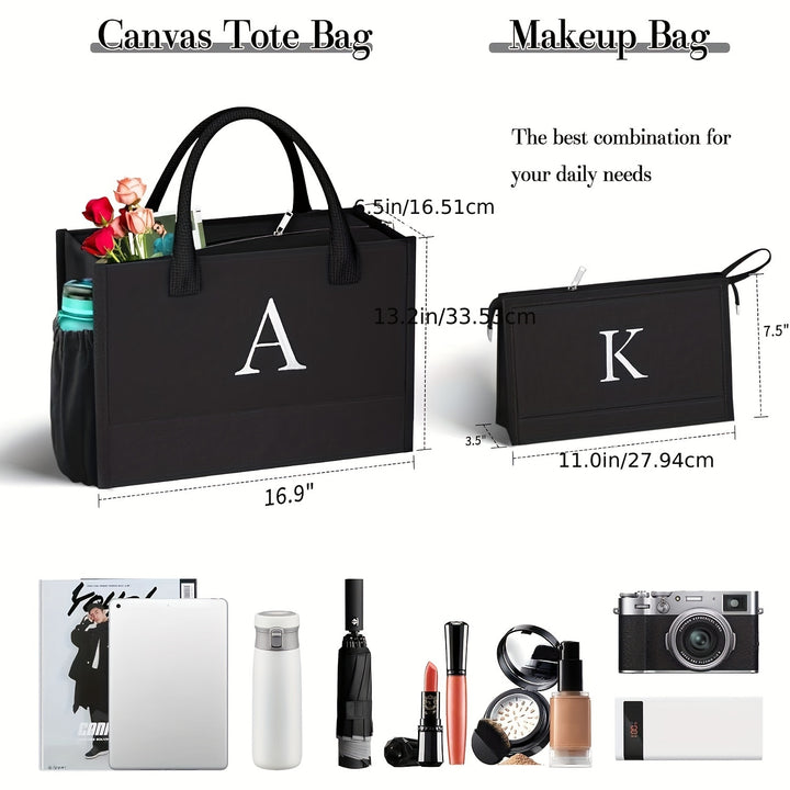 Initial Black Canvas Tote Bag & Makeup Bag with Zipper Adjustable Strap, Personalized Present Bag for Women Birthday - Total Trends Fusion