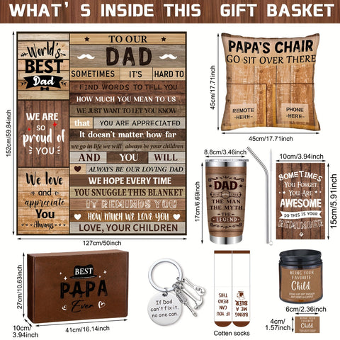 8pcs Best Gifts for Dad for Christmas Box Set Best Papa Ever Fathers Day Birthday Gifts Blanket Tumbler Socks Keychain Pillowcase from Daughter Wife Son