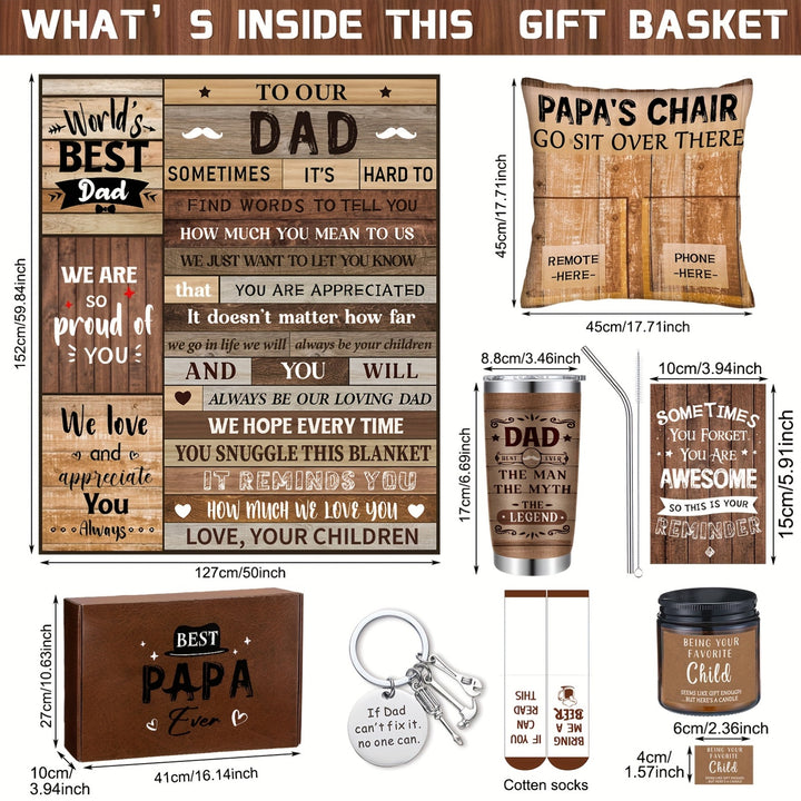 8pcs Best Gifts for Dad for Christmas Box Set Best Papa Ever Fathers Day Birthday Gifts Blanket Tumbler Socks Keychain Pillowcase from Daughter Wife Son