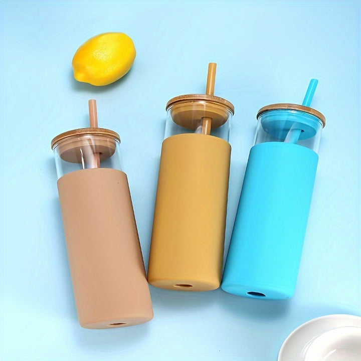 20 oz Glass Tumbler Glass Water Bottle Straw Silicone Protective Sleeve Bamboo Lid - BPA Free - Amber/ 8 Pack - Total Trends Fusion