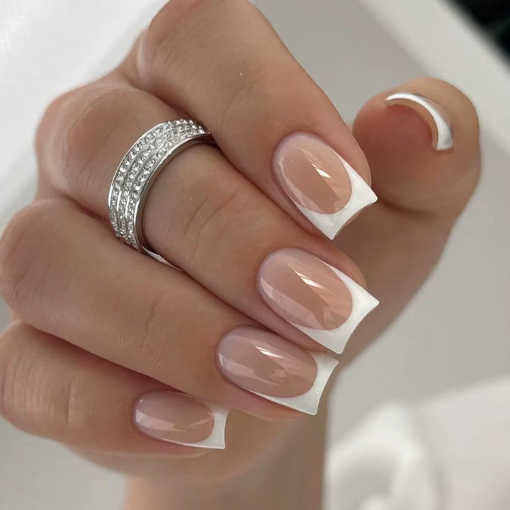 24Pcs/Set Short Fake Nails for Women Girls French Nude Square White Tips with Rhinestones Glitters Y2K Press on False Nail Art