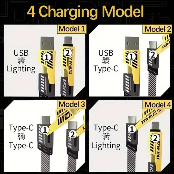 A 47.24-inch yellow mech shell data cable, one cable with 4 types of interfaces, suitable for most charging devices, safe, stable, and efficient. - Total Trends Fusion