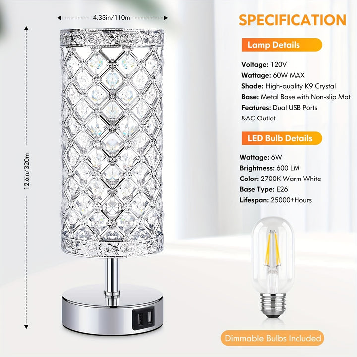 Touch Control Crystal Table Lamp Set of 2 Bedside Nightstand Lamps with 2 USB Charging Ports, 3-Way Dimmable, K9 Crystal Decorative Desk Lamp for Bedroom, Girls Guest Room, Living Room, Bulbs Included - Total Trends Fusion