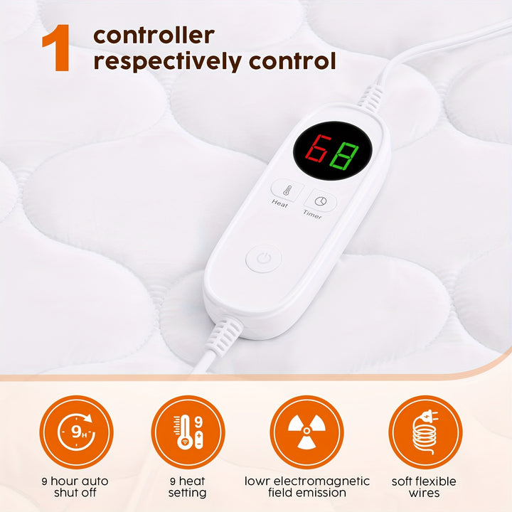 Heated Mattress Pad Queen Size - Dual Controller Electric Mattress Pad, Fast Heating Bed Warmer With Deep Pocket, 9 Heat Settings & 9 Hour Timer Auto Shut Off - Total Trends Fusion
