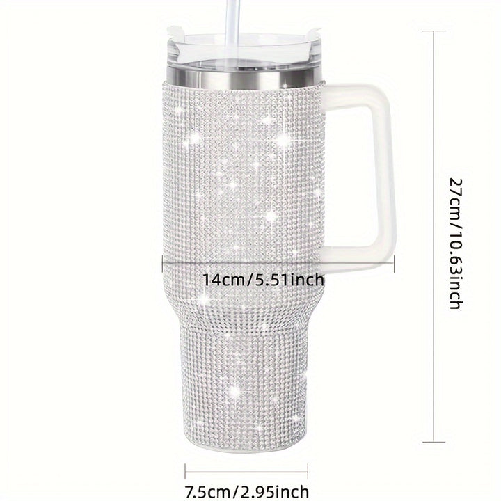 40oz Stainless Steel Glitter Tumbler - Rhinestone Decor, Flat Bottom Cup, Sparkly Gift for Women, Reusable, Hand Wash Only, Modern Design, Skinny Tumbler with Straw and Handle - Total Trends Fusion