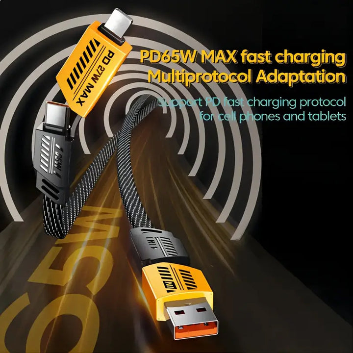 A 47.24-inch yellow mech shell data cable, one cable with 4 types of interfaces, suitable for most charging devices, safe, stable, and efficient. - Total Trends Fusion