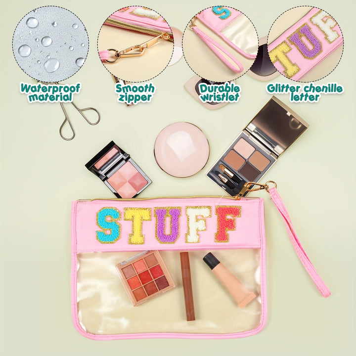 6 Pcs Chenille Letter Clear Zipper Pouch Waterproof Cosmetic Pouch Clear Travel Gym Beach Bag Clear Travel Patch Purse Makeup Letter Bag For Women Girls, 6 Colors (Cute, Macaron Colors) - Total Trends Fusion