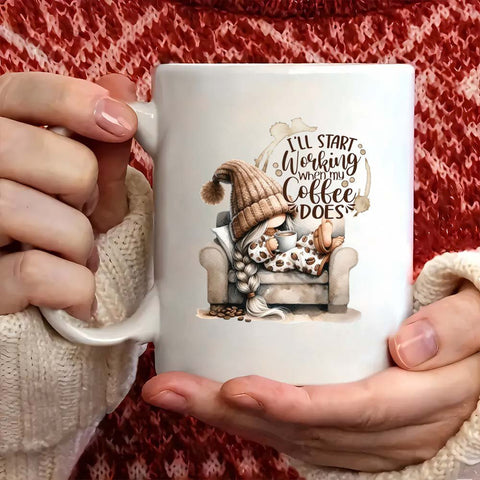 1pc Cozy Gnome 11oz Ceramic Coffee Mug - "I'll Start Working on Coffee Does" Design