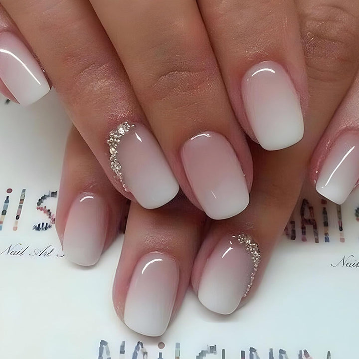 French Tip Press on Nails Short Square Fake Nails with Leopard Print French Bow Designs Nude Glue on Nails Press Ons Glossy False Nails Reusable Cute Stick on Nails for Women 24 Pcs