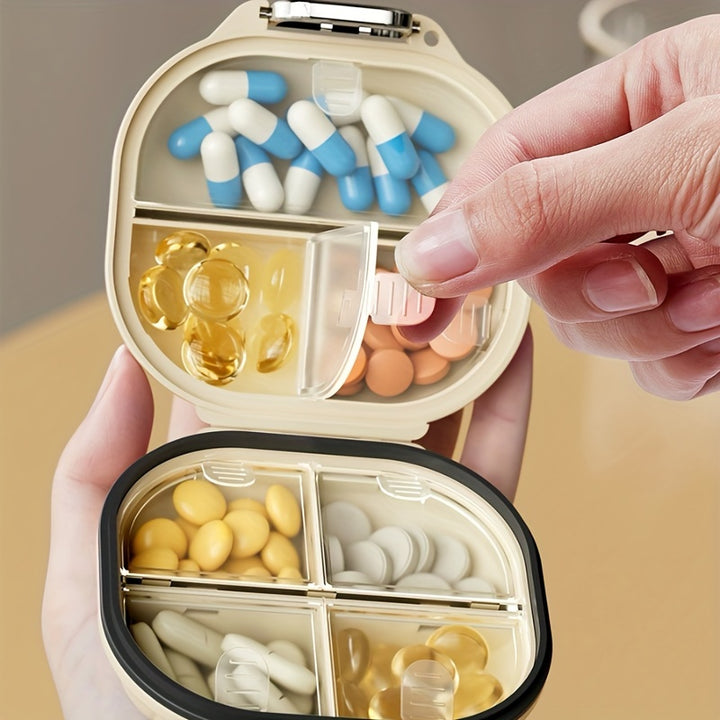 Portable sealed seven-compartment pill storage box, can record time divided into large and small two models. Can be used as fish oil, vitamins, pills storage box. Travel Pill Box - Total Trends Fusion