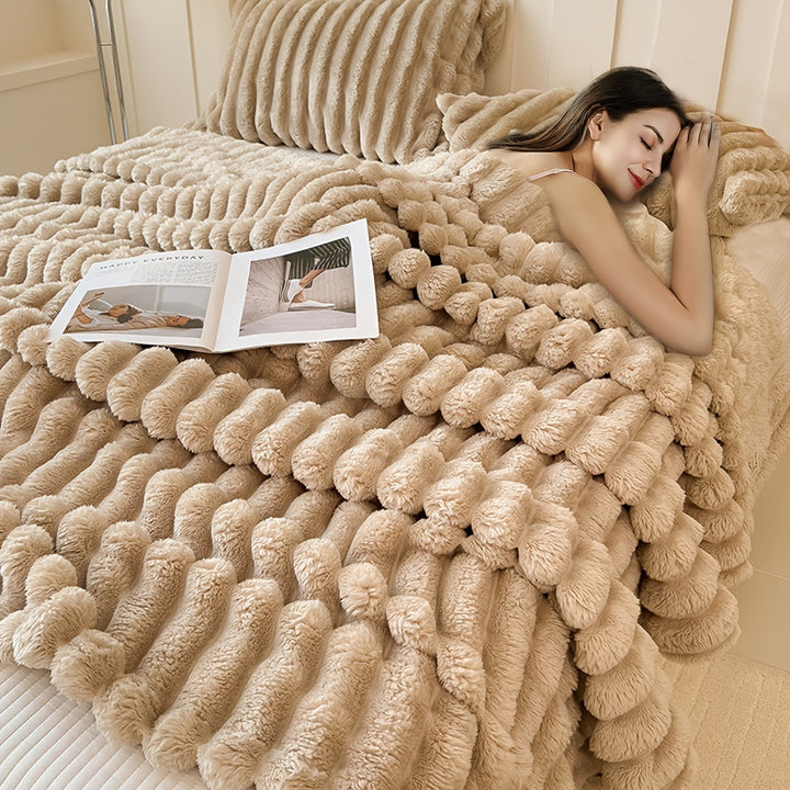 1pc Faux Rabbit Fur Blanket, Luxury Home Decor Ultra Soft Fluffy Throw Blanket, Warm Plush Striped Blanket For Couch, Bed, Office, And Travel, 70*80inch/80*90inch Extra Large Fuzzy Blanket For All Season Use