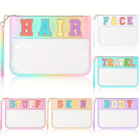 6 Pcs Chenille Letter Clear Zipper Pouch Waterproof Cosmetic Pouch Clear Travel Gym Beach Bag Clear Travel Patch Purse Makeup Letter Bag For Women Girls, 6 Colors (Cute, Macaron Colors) - Total Trends Fusion