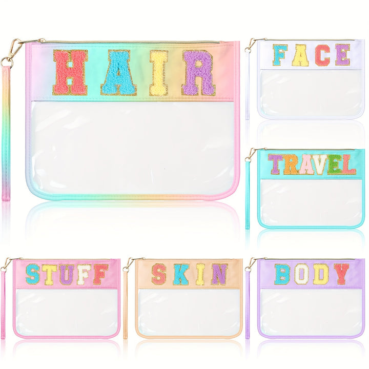 6 Pcs Chenille Letter Clear Zipper Pouch Waterproof Cosmetic Pouch Clear Travel Gym Beach Bag Clear Travel Patch Purse Makeup Letter Bag For Women Girls, 6 Colors (Cute, Macaron Colors) - Total Trends Fusion