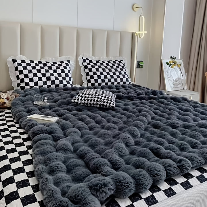 Luxurious Reversible Faux Rabbit Fur Blanket - Ultra-Soft, Fluffy Bubble Plush Throw in Light Gray - Ideal for Sofa, Bed, Office & Travel - Perfect All-Season Gift, 51"x63" or 71"x79, Nap Blanket, Dormitory, Christmas Gift