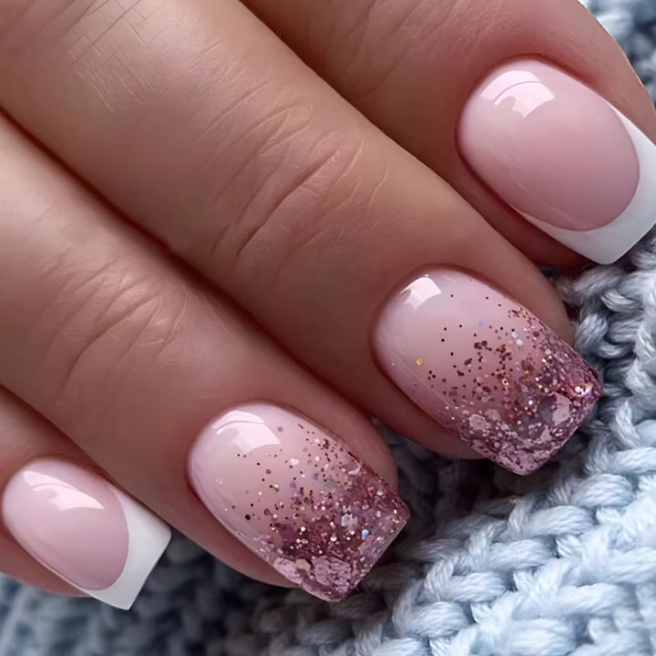 24Pcs/Set Short Fake Nails for Women Girls French Nude Square White Tips with Rhinestones Glitters Y2K Press on False Nail Art