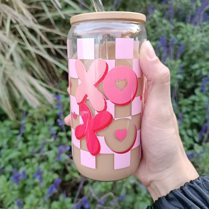"XOXO 16oz Heart & Plaid Glass Cup | Reusable Valentine's Day Gift"