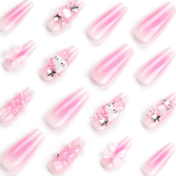 24Pcs Pink Coffin Nails Press on Nails Long Coffin Fake Nails with 3D Heart Pearl Star Nail Charms Design Nail Gems Diamond Pink Acrylic Nails Supply Full Cover False Nails Stick on Nails for Women
