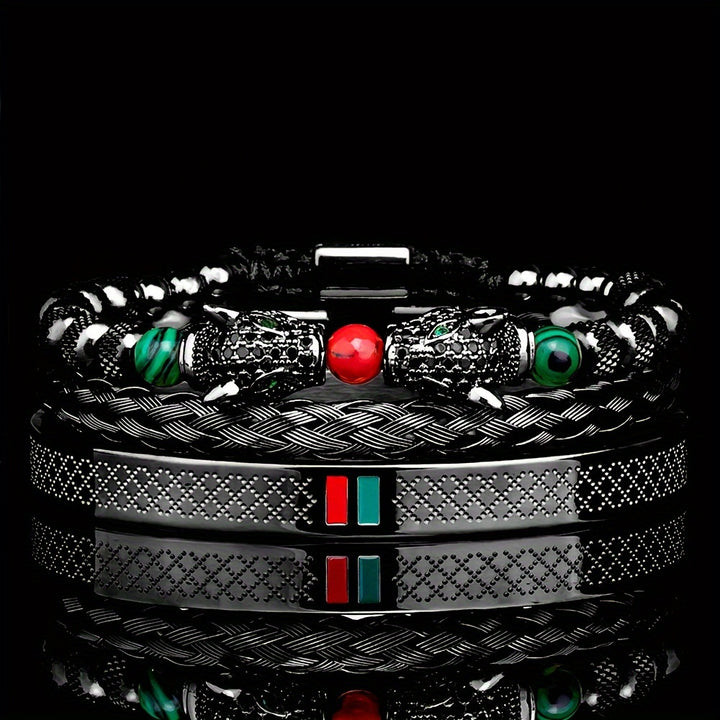 1pc Double Leopard Head Enamel Green Red Bracelet, Stainless Steel Bracelet Bangle, For Men Women - Total Trends Fusion