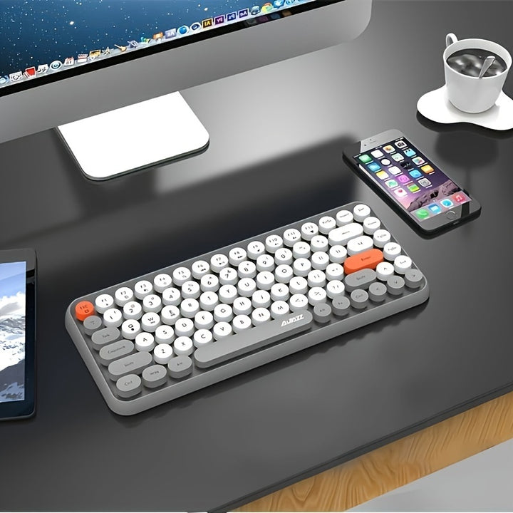 AJAZZ NACODEX 84 Keys Pink Wireless Keyboard With Cute Retro Round Keycaps, Comfortable Ergonomic Typewriter Keyboard Compatible With Android Windows IOS Suitable For Home And Office Keyboards - Total Trends Fusion