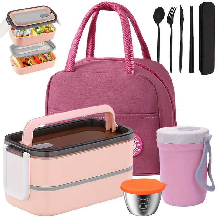 60oz 2 layers Multi grid Lunch Box with Sauce Box, Soup Cup, Cutlery, and Insulated Bag. Lunch Box Set. - Total Trends Fusion