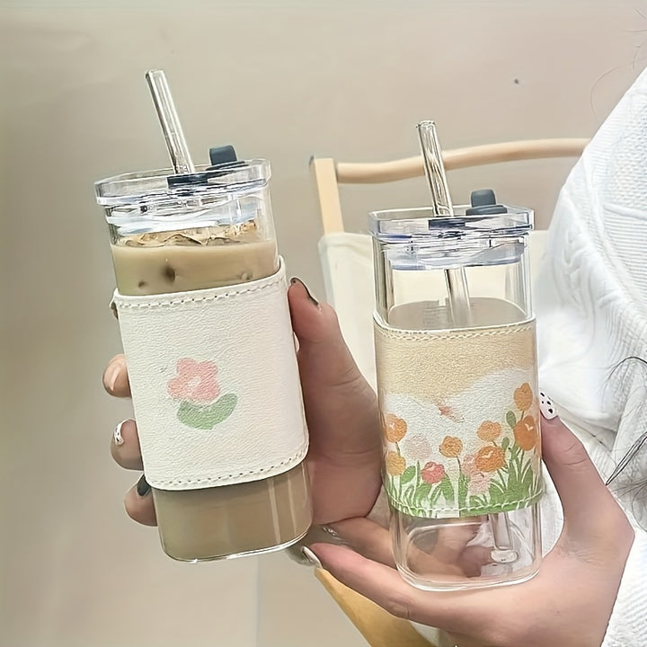 6/4pcs Square Glass Mugs with Lids, Portable Drinking Mugs, Perfect Coffee Mugs, Includes Glass Lid/Straw, Gift for Mug Collectors, Great for Office, Home, School, And Outdoor Use!