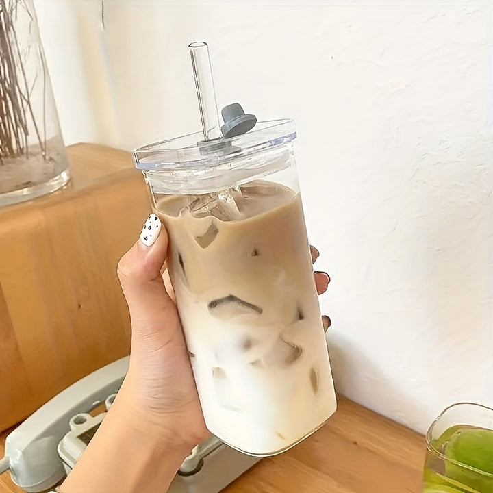 6/4pcs Square Glass Mugs with Lids, Portable Drinking Mugs, Perfect Coffee Mugs, Includes Glass Lid/Straw, Gift for Mug Collectors, Great for Office, Home, School, And Outdoor Use!