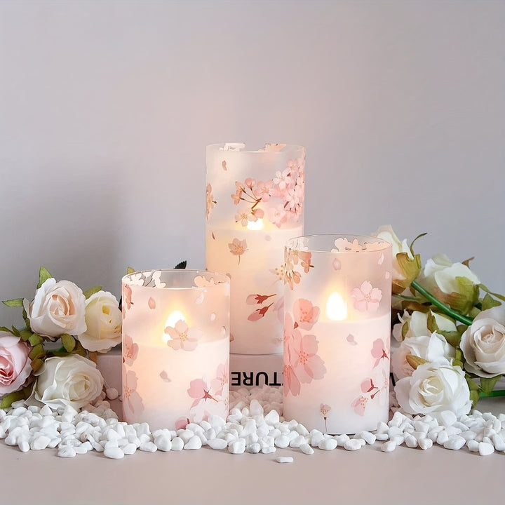 3 Pack, Plastic Flameless Flickering Candles, Pink Flower Pattern, Battery Operated, With Looping 24-hour Timer And 10-button Remote Control, Suitable For Indoor, Outdoor, Wedding Decoration - Total Trends Fusion
