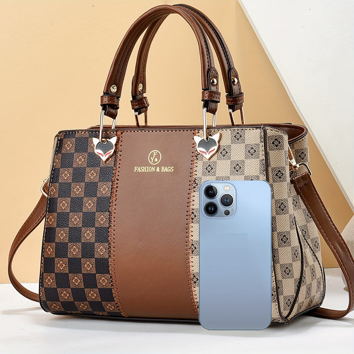 New versatile color blocking high-capacity checkered printed handbag - Total Trends Fusion