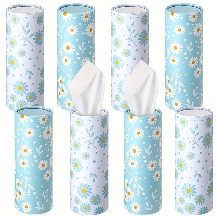 8 Pack Car Tissues Holder With Facial Tissues Bulk Car Tissues Cylinder Daisy Tissue Holder For Car Travel Tissues For Car Cup Holder Car Tissue Box Round Container (Blue, White) - Total Trends Fusion