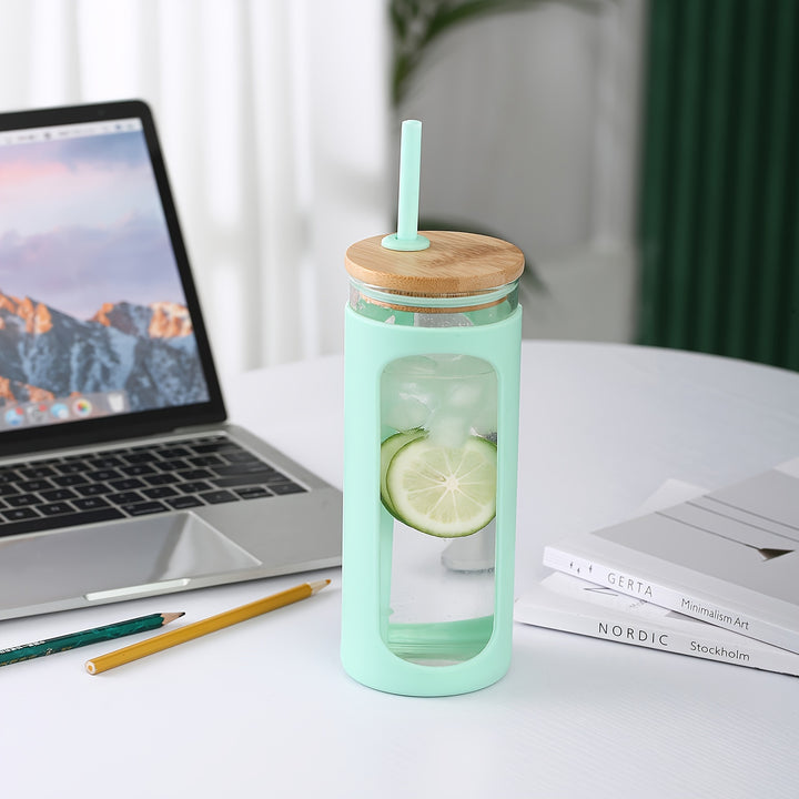 MUKOKO 20oz Glass Water Tumble With Straw And Lid, Bamboo Lids Water Bottle, Iced Coffee Cup Reusable, Wide Mouth Smoothie Cups, Straw Silicone Protective Sleeve BPA FREE - Total Trends Fusion