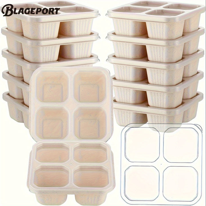 12 Pcs Bento Snack Containers 4 Divided Compartments Wheat Straw Snack Box with Lid Reusable Meal Prep Lunch Box Food Storage Containers for Adults Travel Work - Total Trends Fusion