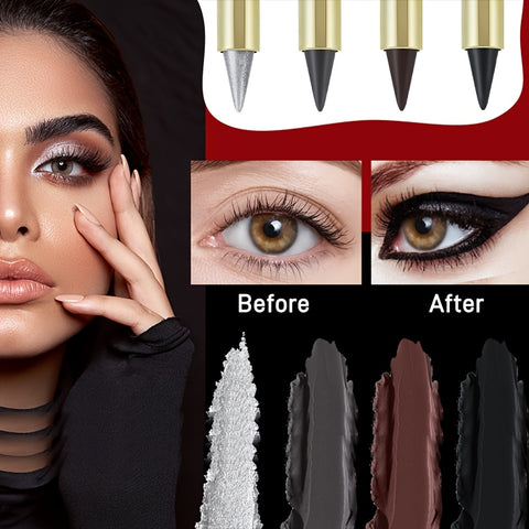 Waterproof Black Gel Eyeliner Set - Smudge-Proof, Long-Wearing Cream Pencils in 4 Colors, Easy Glide, Plant-Based Squalane, Korean Makeup, Matte Finish, Single-tip Rich Colors, Flawless Party Makeup