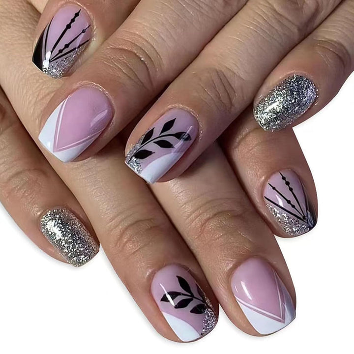 French Tip Press on Nails Short Square Fake Nails with Leopard Print French Bow Designs Nude Glue on Nails Press Ons Glossy False Nails Reusable Cute Stick on Nails for Women 24 Pcs