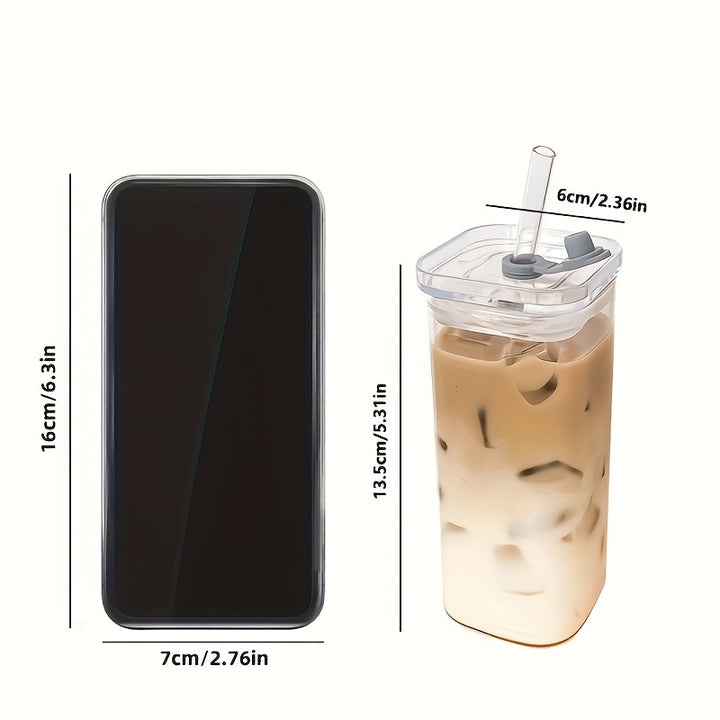 6/4pcs Square Glass Mugs with Lids, Portable Drinking Mugs, Perfect Coffee Mugs, Includes Glass Lid/Straw, Gift for Mug Collectors, Great for Office, Home, School, And Outdoor Use!