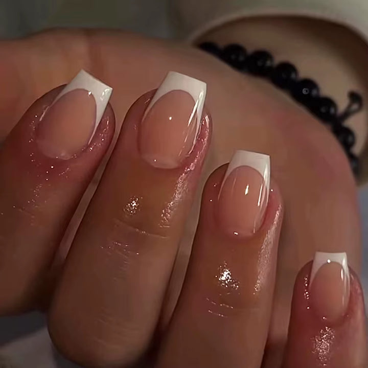 24Pcs/Set Short Fake Nails for Women Girls French Nude Square White Tips with Rhinestones Glitters Y2K Press on False Nail Art