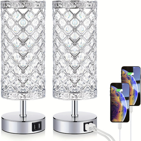 Touch Control Crystal Table Lamp Set of 2 Bedside Nightstand Lamps with 2 USB Charging Ports, 3-Way Dimmable, K9 Crystal Decorative Desk Lamp for Bedroom, Girls Guest Room, Living Room, Bulbs Included - Total Trends Fusion