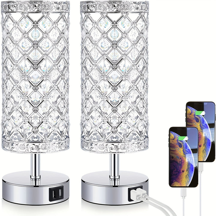 Touch Control Crystal Table Lamp Set of 2 Bedside Nightstand Lamps with 2 USB Charging Ports, 3-Way Dimmable, K9 Crystal Decorative Desk Lamp for Bedroom, Girls Guest Room, Living Room, Bulbs Included - Total Trends Fusion