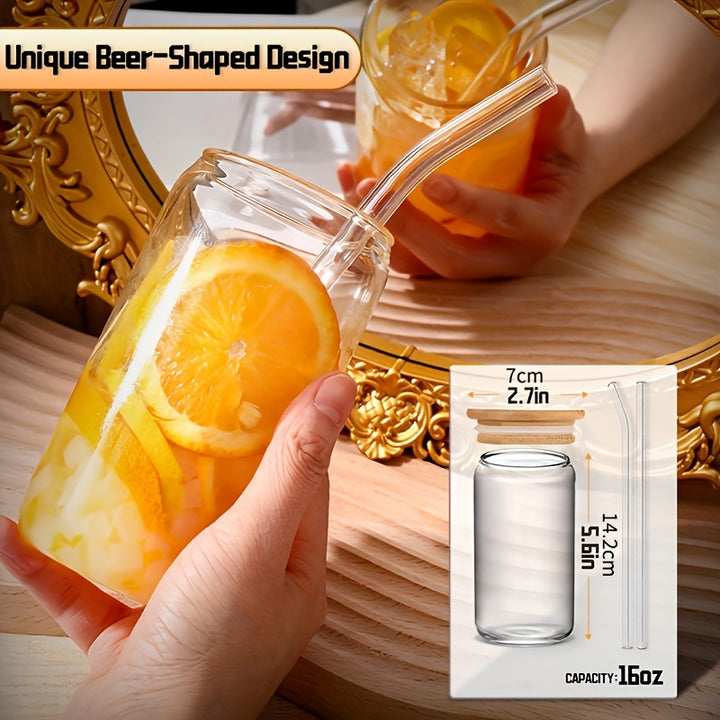 4Pcs Drinking Glasses with Bamboo Lids and Glass Straw - 16 Oz Can Shaped Glass Cups for Beer, Ice Coffee, Cute Tumbler Cup Great for Soda Boba Tea Cocktail Include 2 Cleaning Brushes - Total Trends Fusion