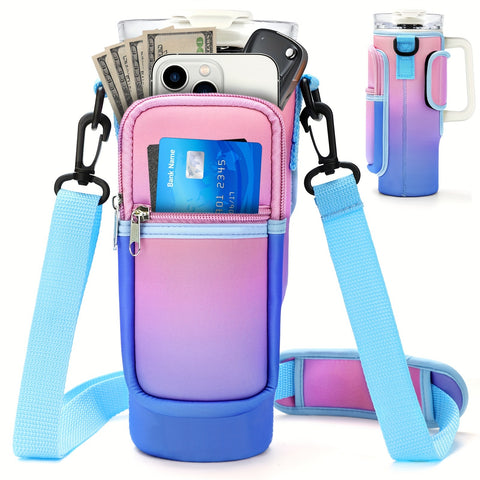 1pc Water Bottle Holder with Strap and Pocket For 40oz Tumbler Cup, Water Bottle Pouch With Adjustable Strap, Cup Accessories - Total Trends Fusion