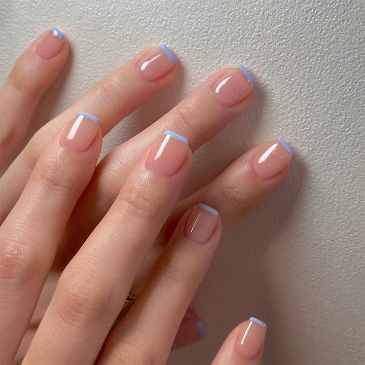 24Pcs/Set Short Fake Nails for Women Girls French Nude Square White Tips with Rhinestones Glitters Y2K Press on False Nail Art
